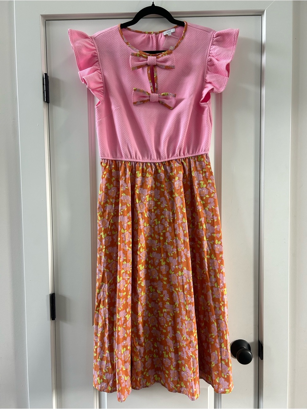 Voy NWOT Pink Multi Floral Mixed Fabric Ribbon Accents Dress Sz M - Picture 3 of 8
